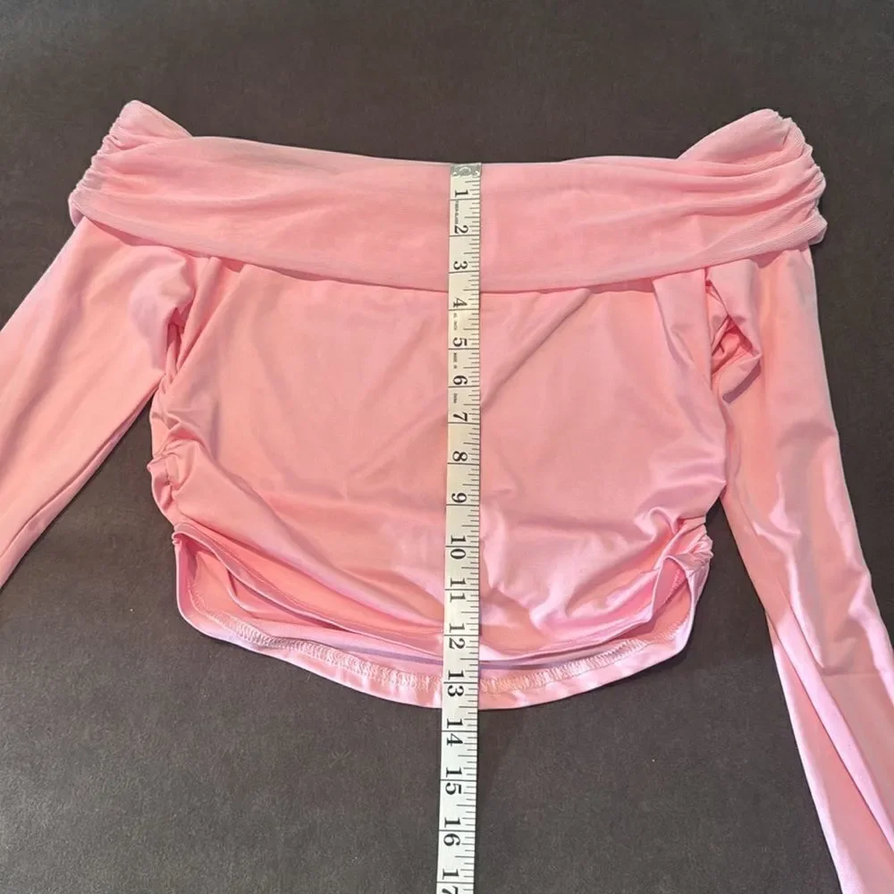 Pink 2 Piece Set Off the Shoulder Long Sleeve Crop Top & Skirt Size L NEW